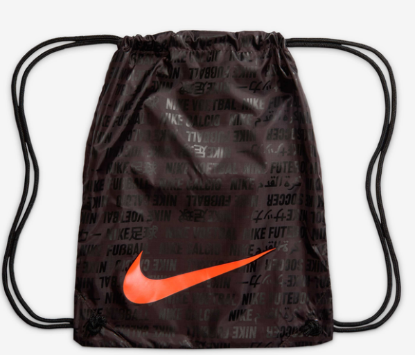 Black drawstring football boot bag with orange Nike logo