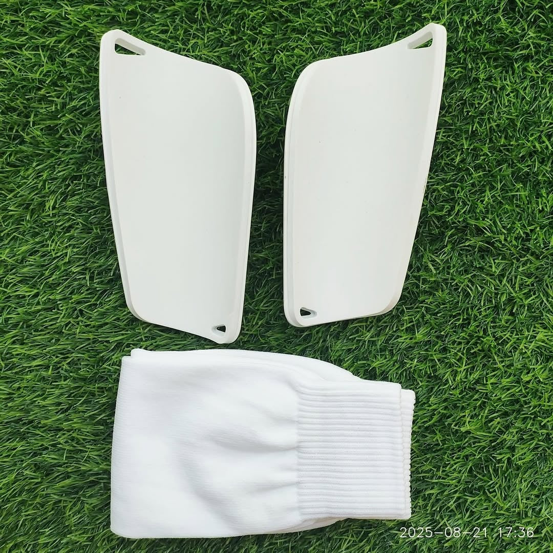 Shin Pad with pre Cut Socks White